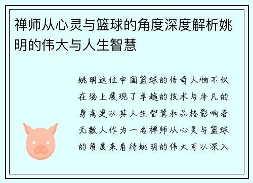 禅师从心灵与篮球的角度深度解析姚明的伟大与人生智慧