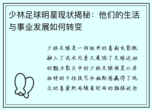 少林足球明星现状揭秘：他们的生活与事业发展如何转变